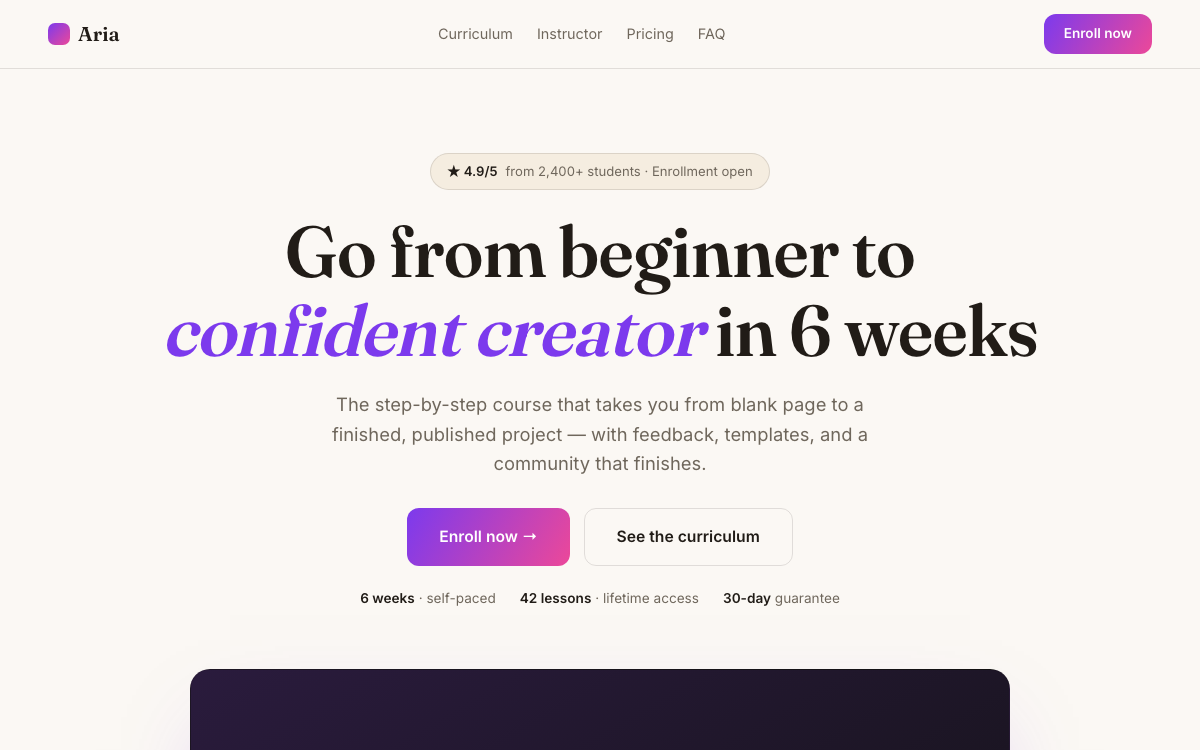 Aria — Online Course / Creator Landing Template — live demo preview