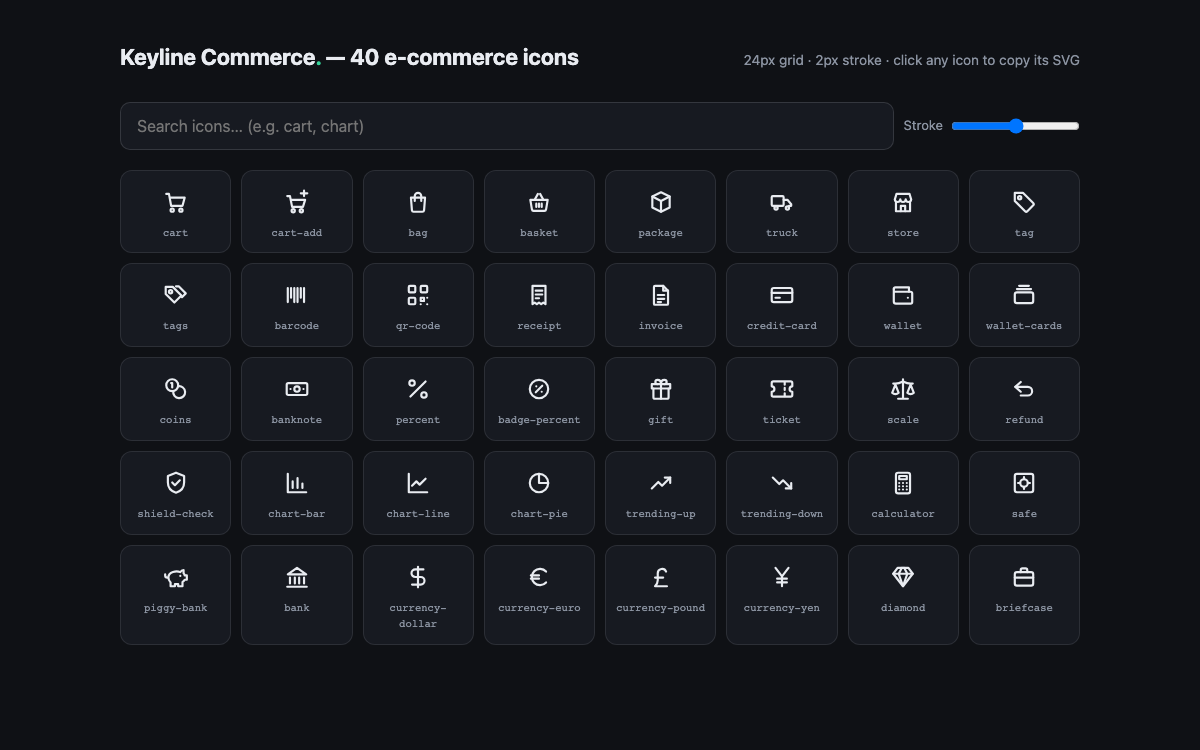 Keyline Commerce Pack — 40 Shop Icons — live demo preview