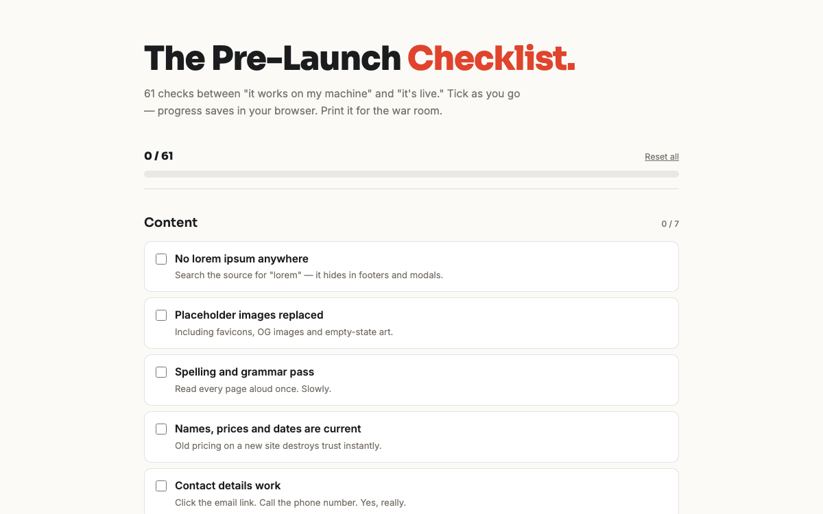 The Pre-Launch Checklist — live demo preview