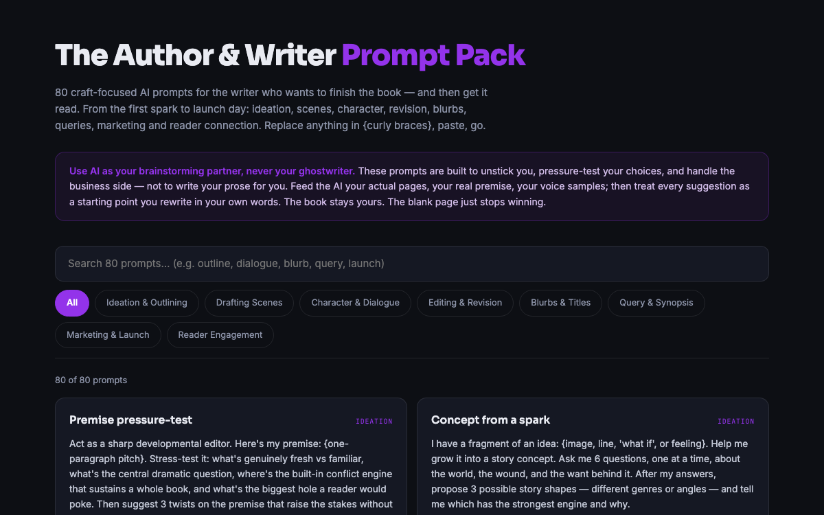 The Author & Writer Prompt Pack — live demo preview