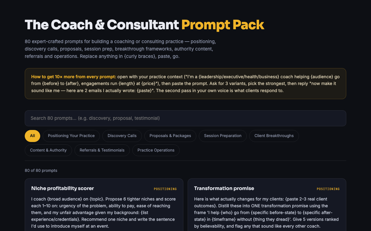 The Coaching Business Prompt Pack — live demo preview
