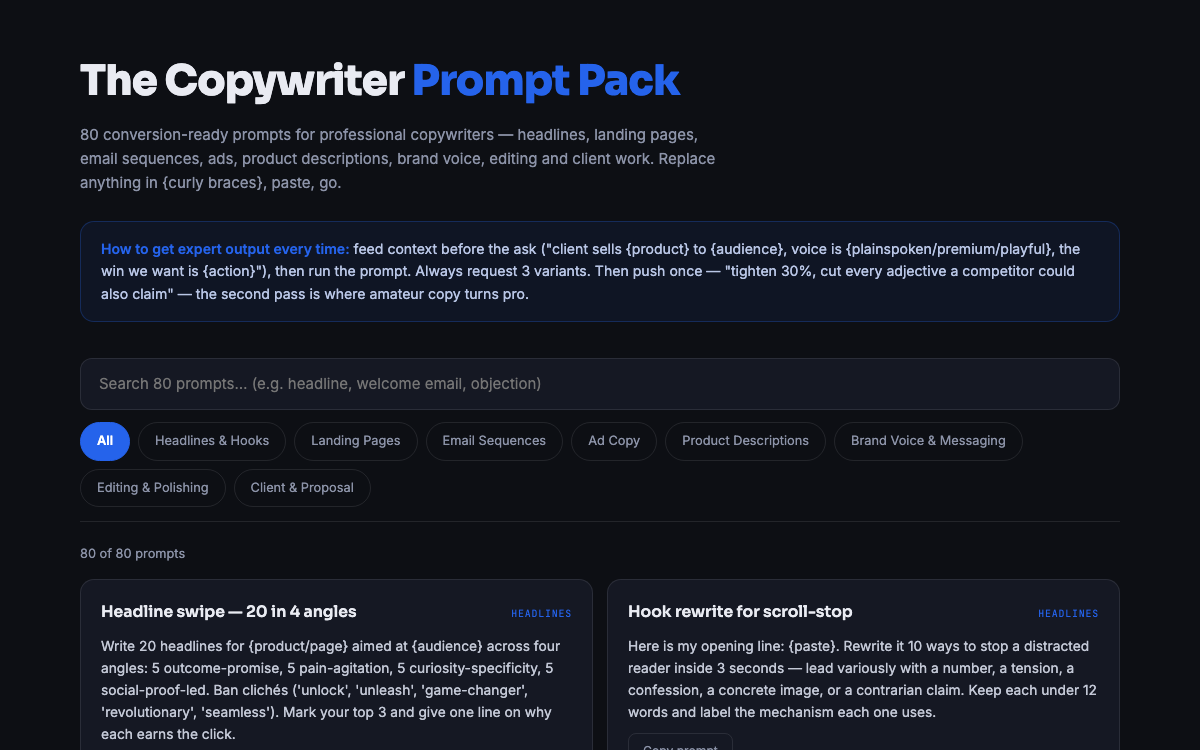 The Copywriter Prompt Pack — live demo preview