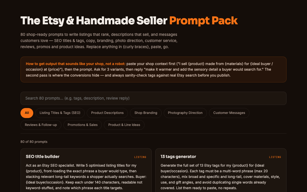 The Etsy Seller Prompt Pack — live demo preview