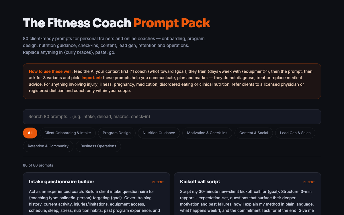 The Fitness Coach Prompt Pack — live demo preview
