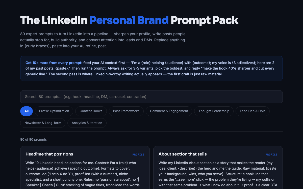 The LinkedIn Growth Prompt Pack — live demo preview