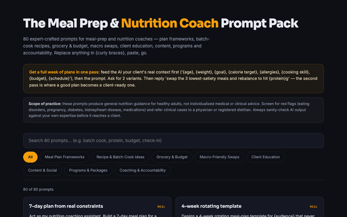 The Meal Prep Business Prompt Pack — live demo preview
