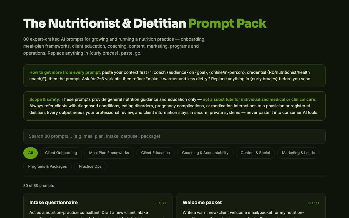 The Nutrition Coach Prompt Pack — live demo preview