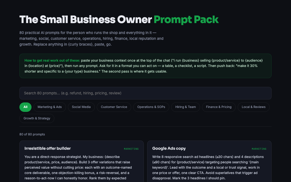 The Small Business Prompt Pack — live demo preview
