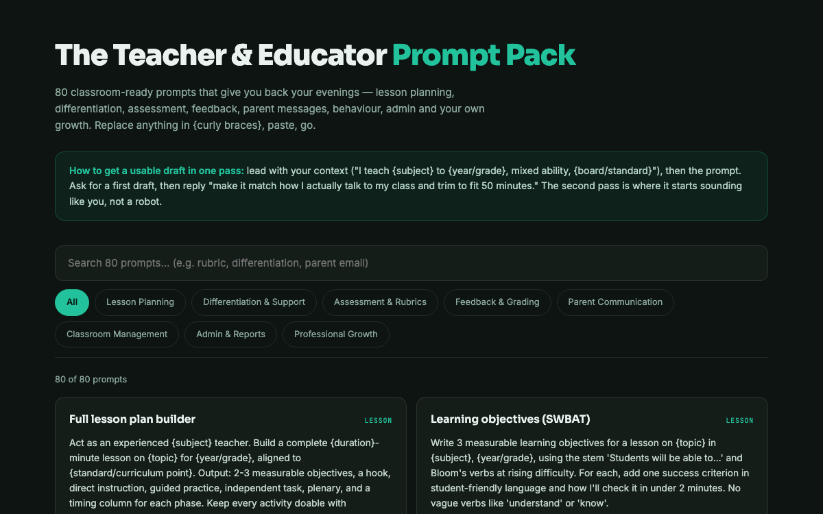 The Teacher Prompt Pack — live demo preview