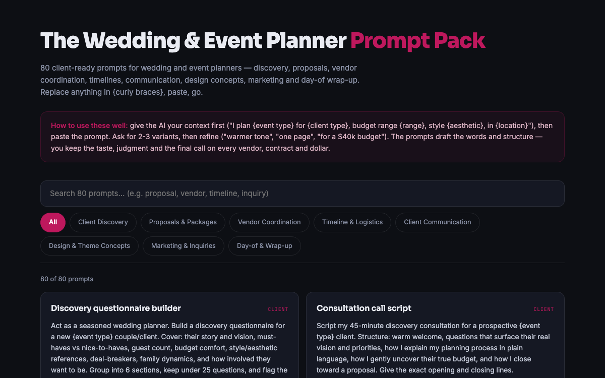 The Wedding Planner Prompt Pack — live demo preview