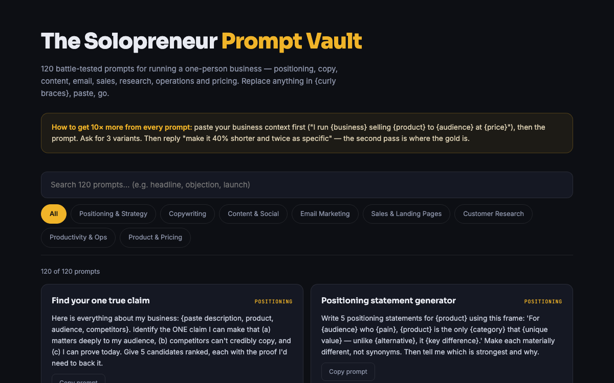 The Solopreneur Prompt Vault — live demo preview