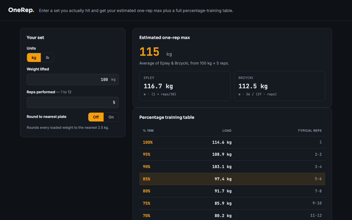 One-Rep Max Calculator — live demo preview
