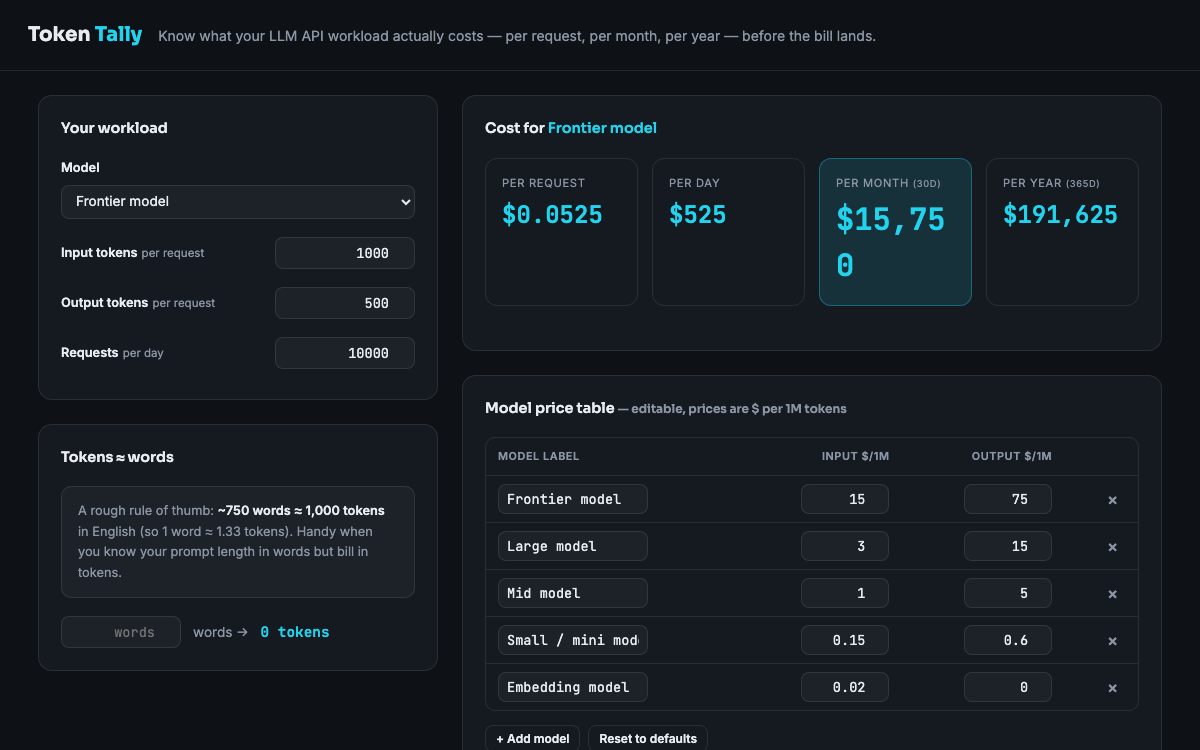 AI API Cost Calculator — live demo preview