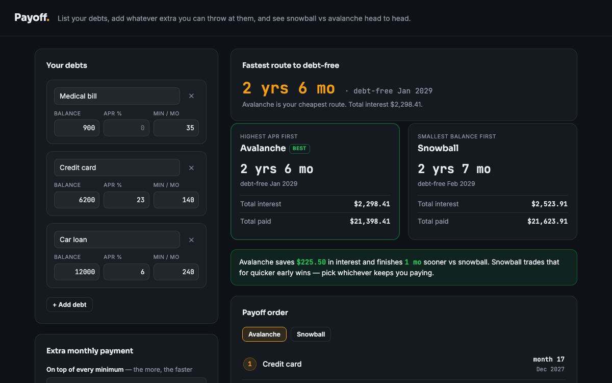 Debt Payoff Planner — live demo preview