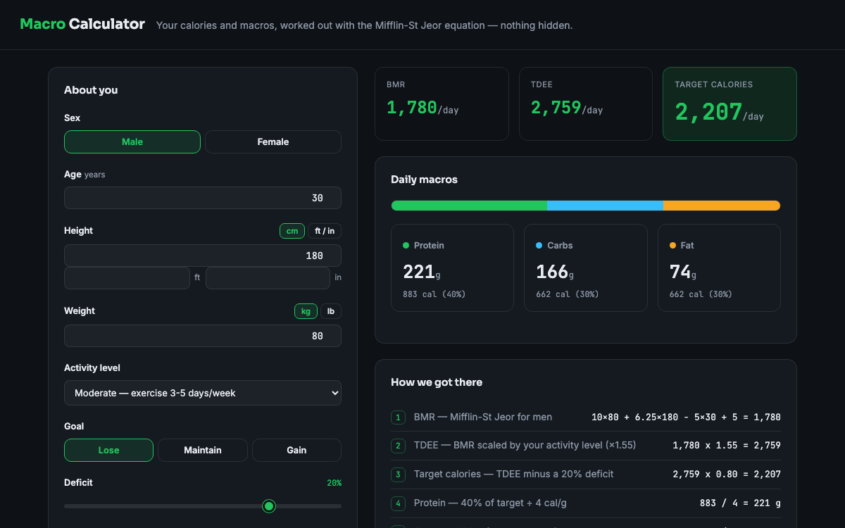 Macro & TDEE Calculator — live demo preview