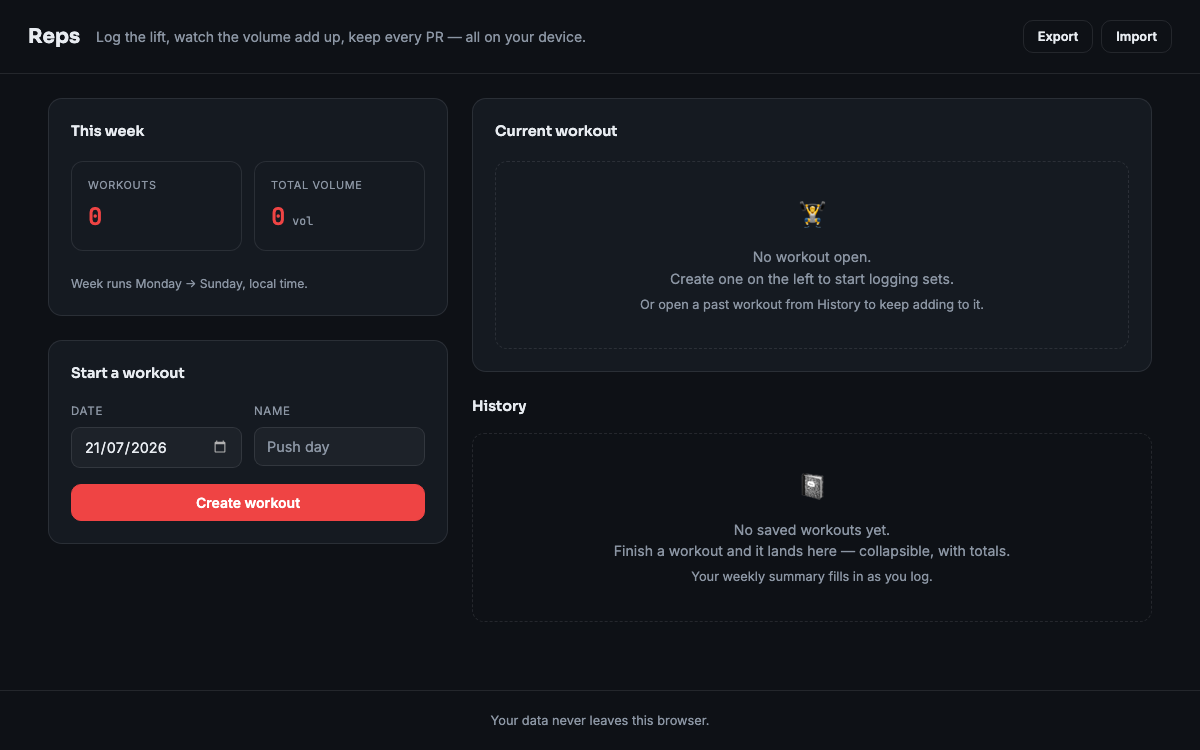 Reps — Workout Log — live demo preview